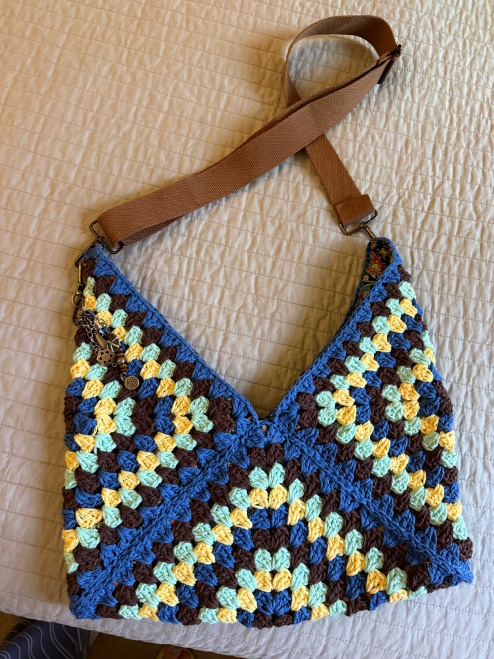 Handmade Crochet Shoulder Bag in Blue, Brown, Yellow, Mint